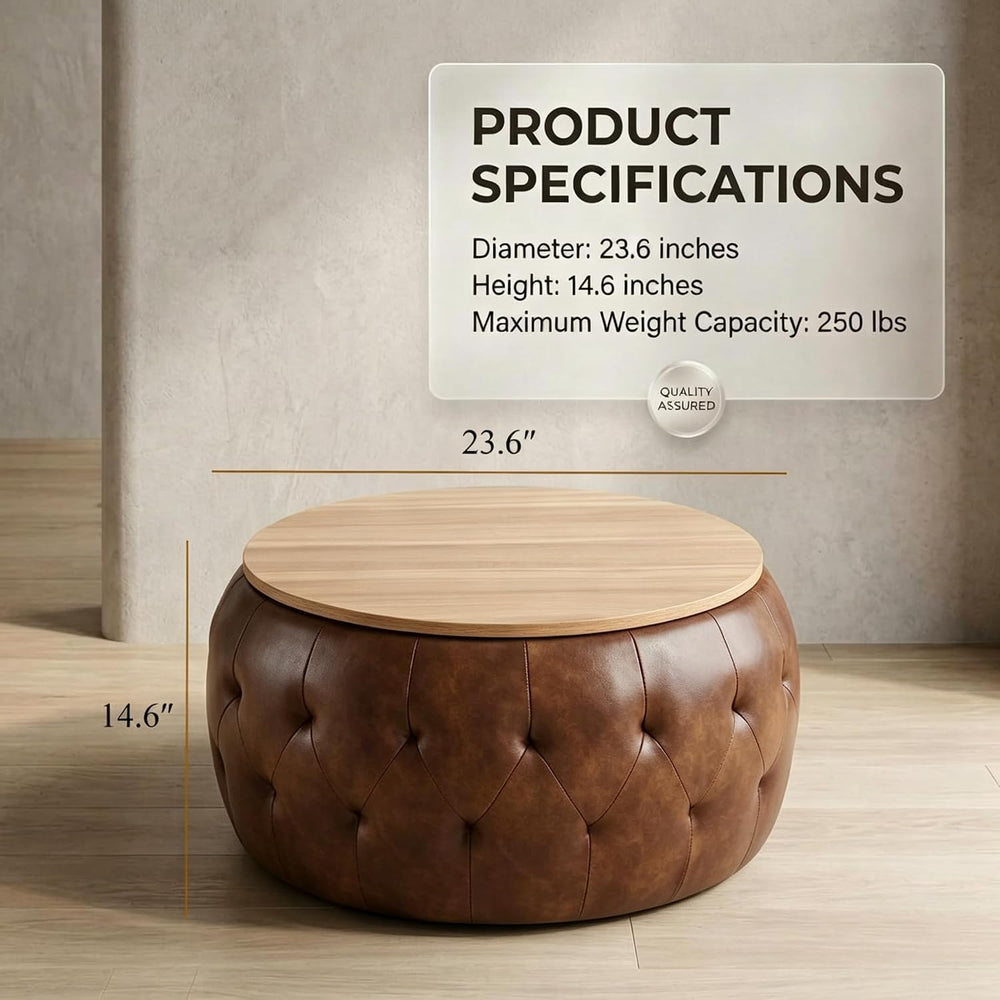 Round Ottoman with Storage, 25 Inches Wooden Top Coffee Table for Living Room...
