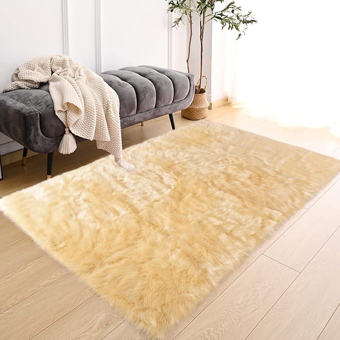 Latepis Yellow Rugs for Living Room Faux Sheepskin 5x6.7 Fuzzy Rugs Washable - Image 8