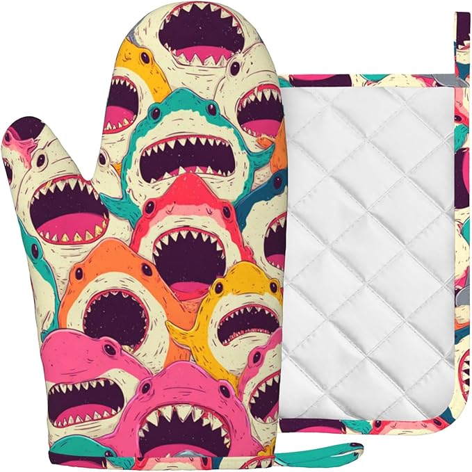 Colorful Shark Oven Mitts and Pot Holders Sets Angry Sharks Non-Slip Silicone - Image 2