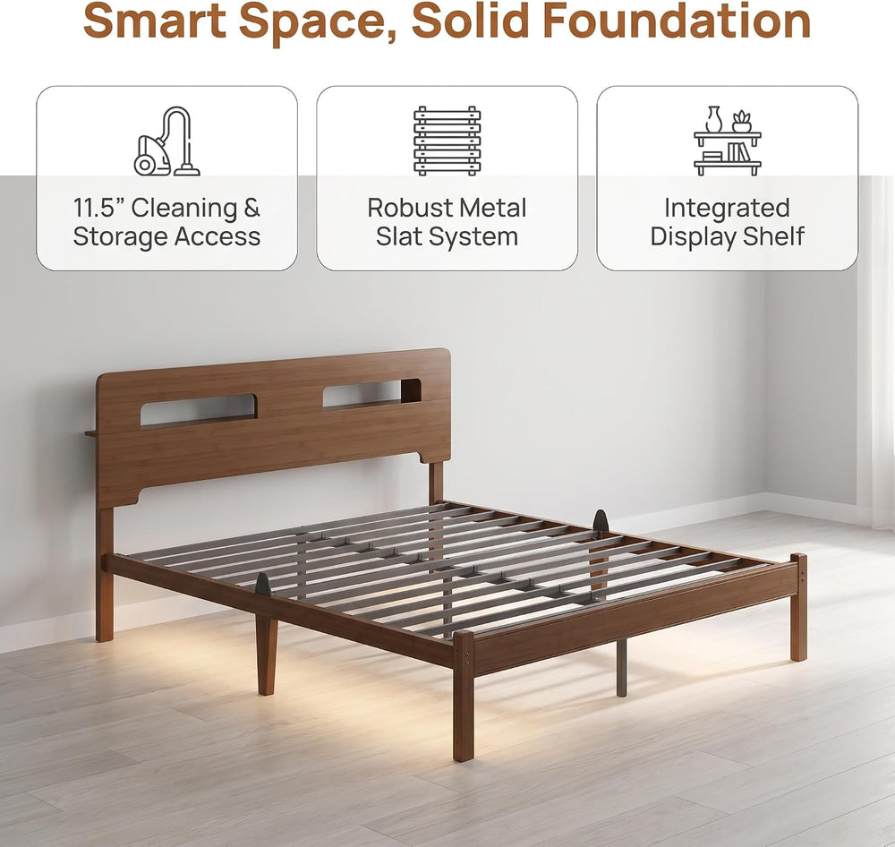 14" Bamboo Wood King Size Bed Frame with Storage Headboard