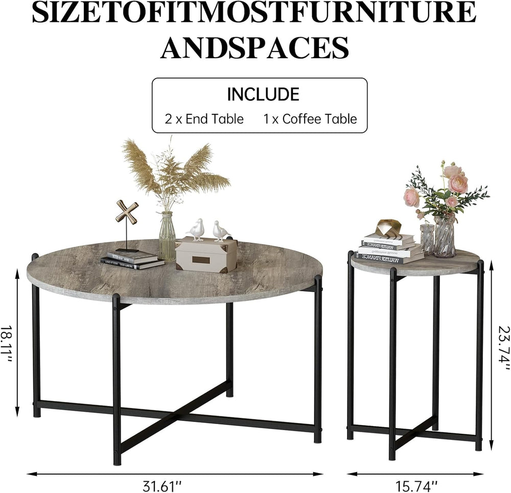 DKLGG Round Coffee Table Set of 3, Farmhouse Wooden Coffee Table and 2 End Ta...