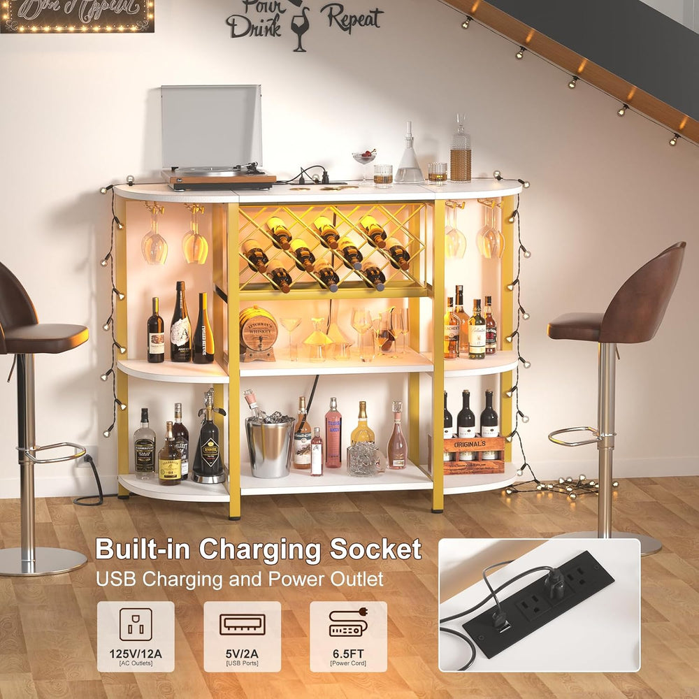Unikito 4-Tier Coffee Bar Cabinet with Outlet, LED Light & Glass Holder |...