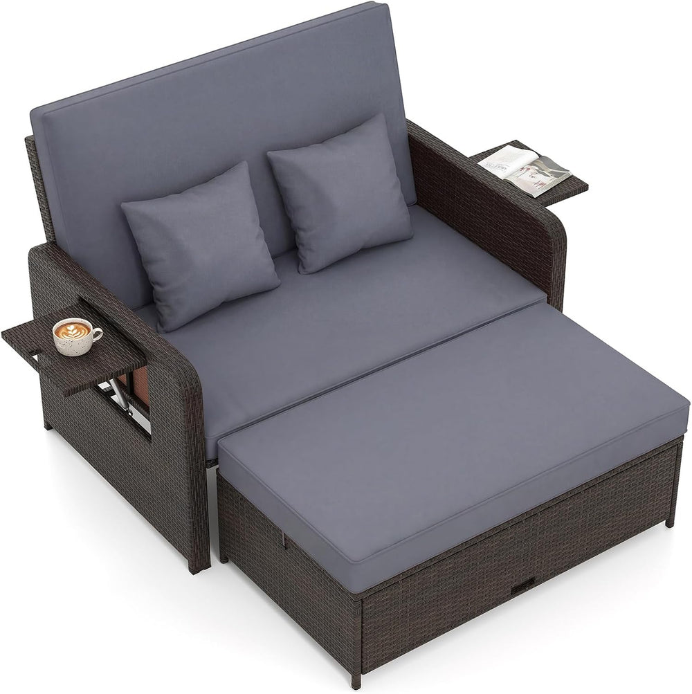 Tangkula Patio Rattan Daybed with 4-Level Adjustable Backrest, Grey Cushion