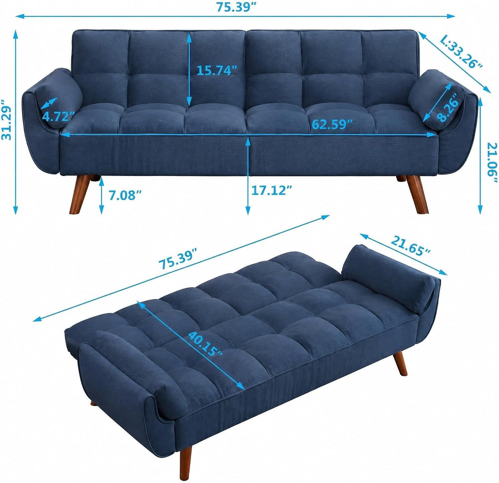Linen Convertible Futon Couch Bed with Adjustable Backrest, Blue