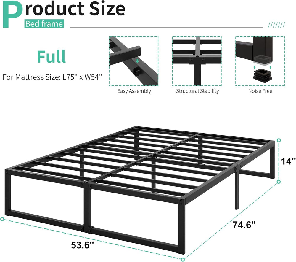 Lutown-Teen 14 Inch Full Size Bed Frame with Heavy Duty Steel Slat Support