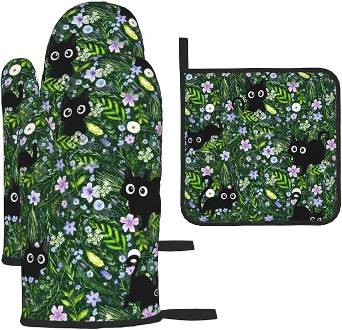 Spring Funny Black Cat Hot Pads and Oven Mitts Heat Resistant, Cute Cat Lover & by Unknown
