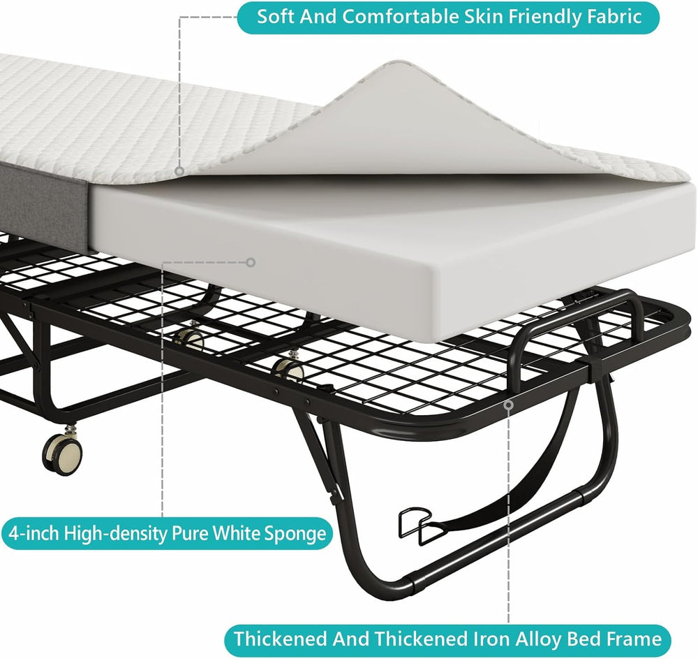 Folding Bed with Mattress for Adults, 75" x 31"Portable Cot-Size Ro...