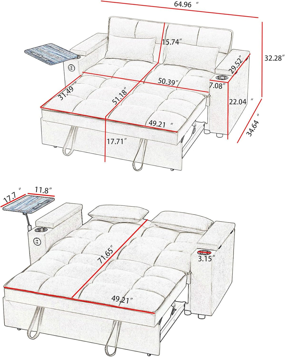 hansones 66" Multi-Functional Pull-Out Sofa Bed with Hidden Side Table, ...