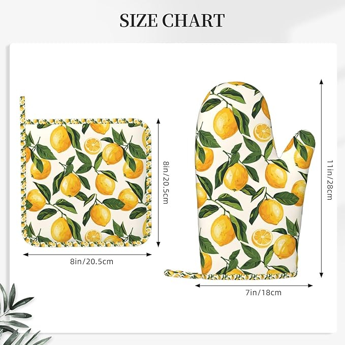 Oven Mitts and Pot Holders Set, Lemon Fruit Watercolor Silicone Kitchen - Image 3