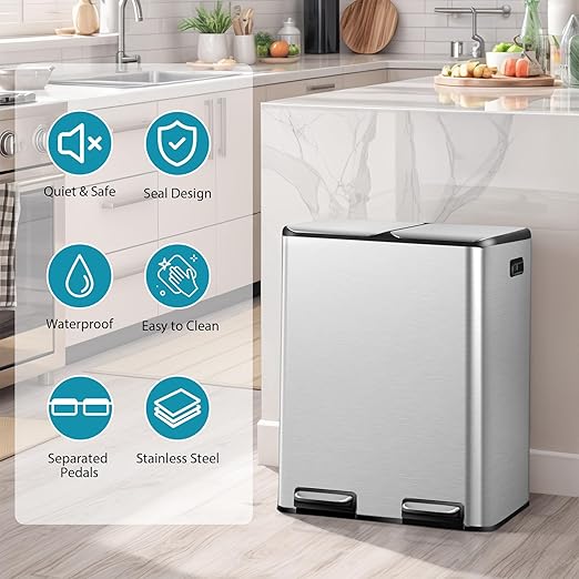 SUPER DEAL Kitchen Trash Can 16 Gallon 60L Dual Stainless Steel Garbage and - Image 3