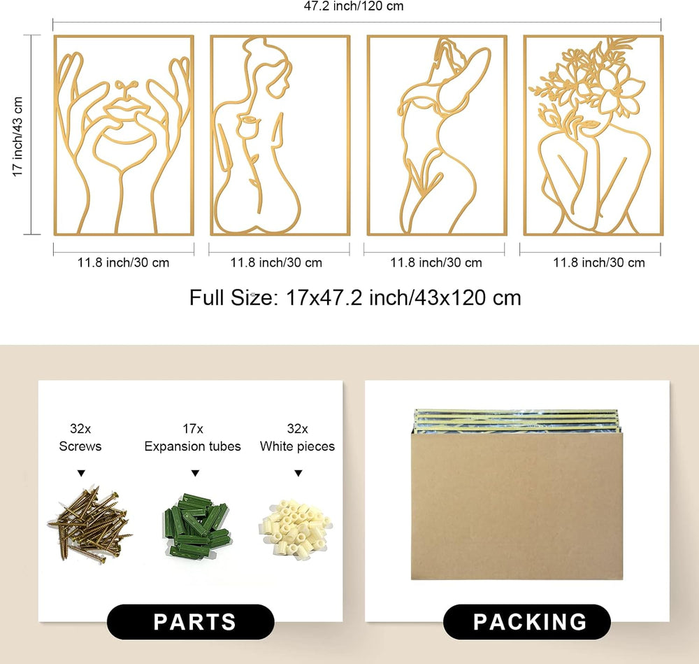 Glamativity 4 Pack Gold Wall Art Decor, Minimalist Single Line Real Metal Wal...