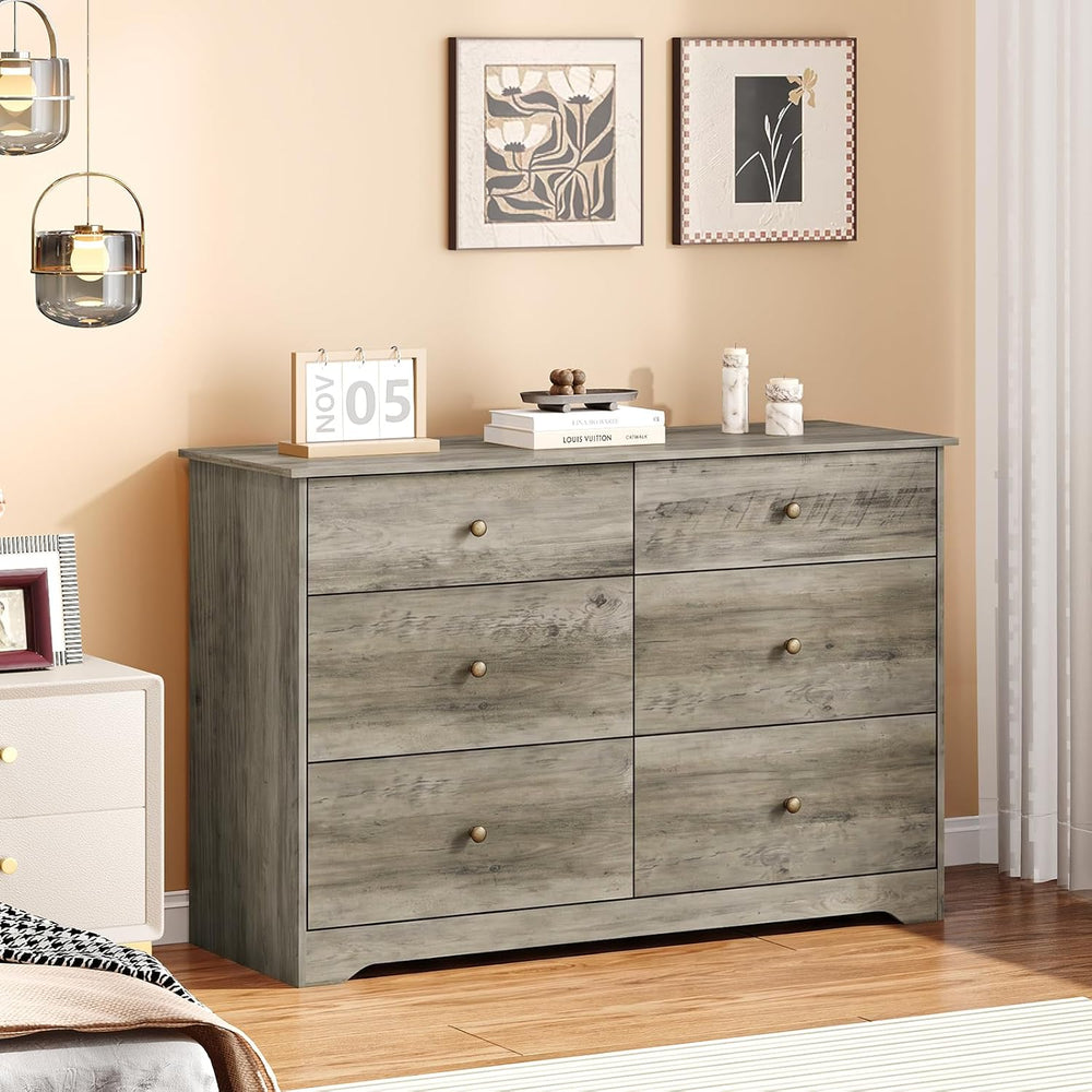VINGLI Grey Dresser 6 Drawer Gray Dresser for Bedroom, 45"W Rustic Grey