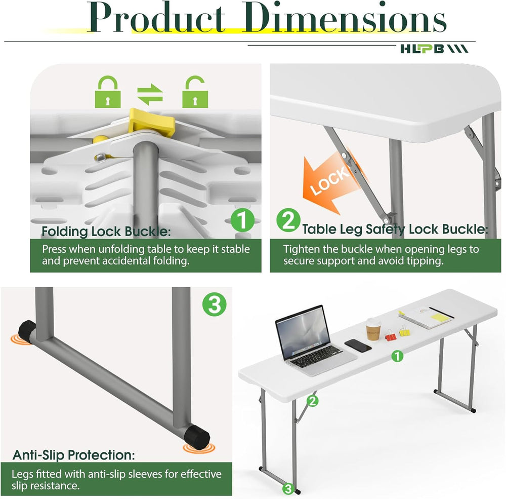 6 ft Narrow Folding Table, Tabletop Fold-in-Half with Handle & Safety Locks