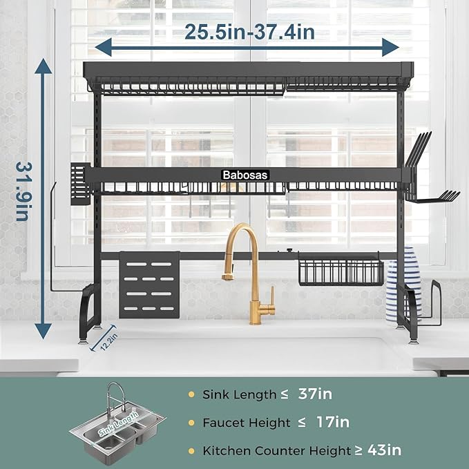 Over The Sink Dish Drying Rack, 3 Tier Adjustable Length Full Stainless Steel - Image 6