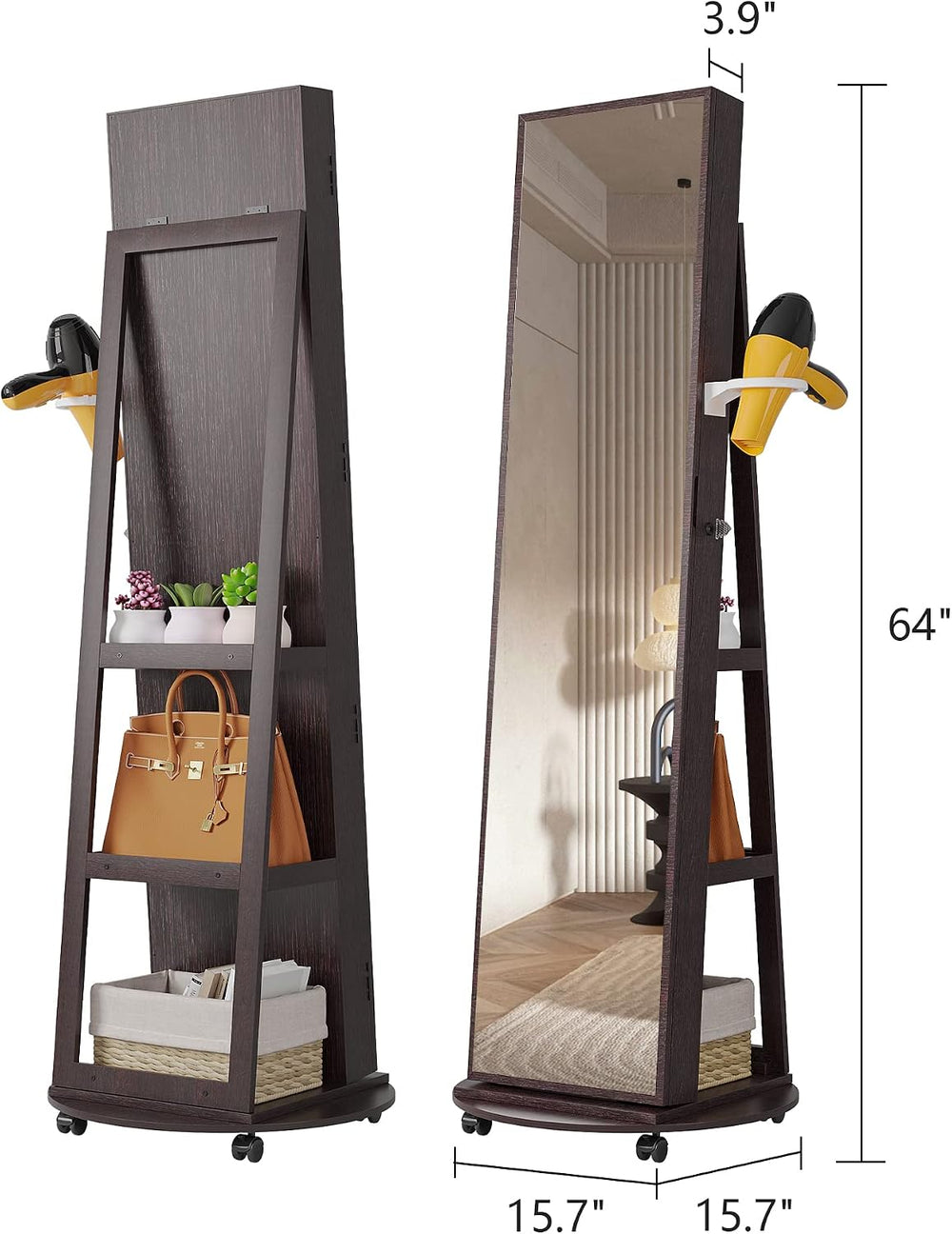 HNEBC 360° Swivel Jewelry Armoire with Mirror, LED Mirror Jewelry Cabinet Sta...