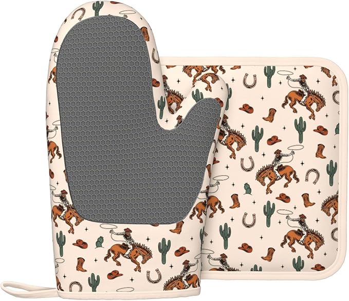 Western Cactus Cowboy Boho Silicone Oven Mitts Pan Mats Set of 2, Heat - Image 2