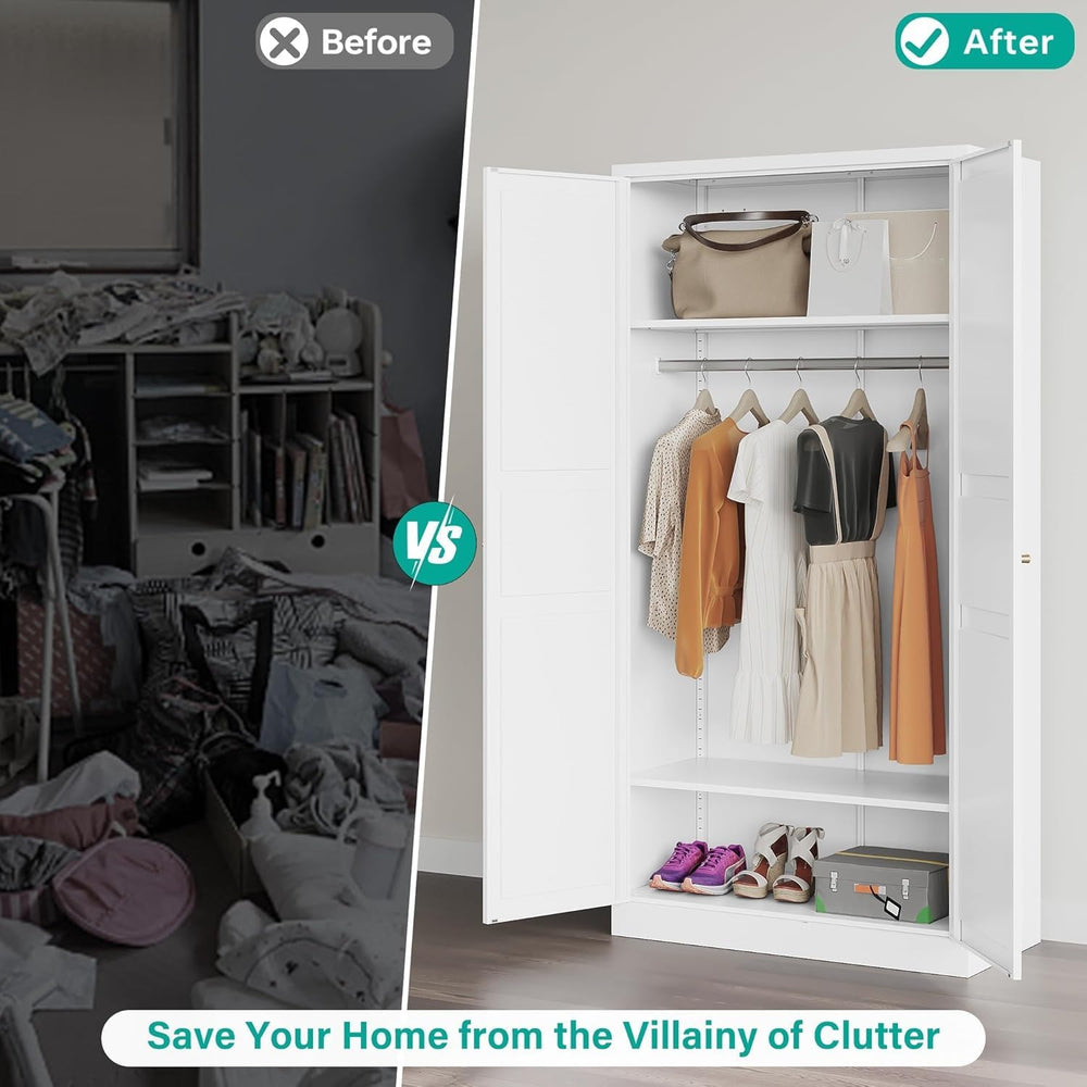 Metal Wardrobe Cabinet with Hanging Rod,White Armoire Wardrobe Closet,Metal C...