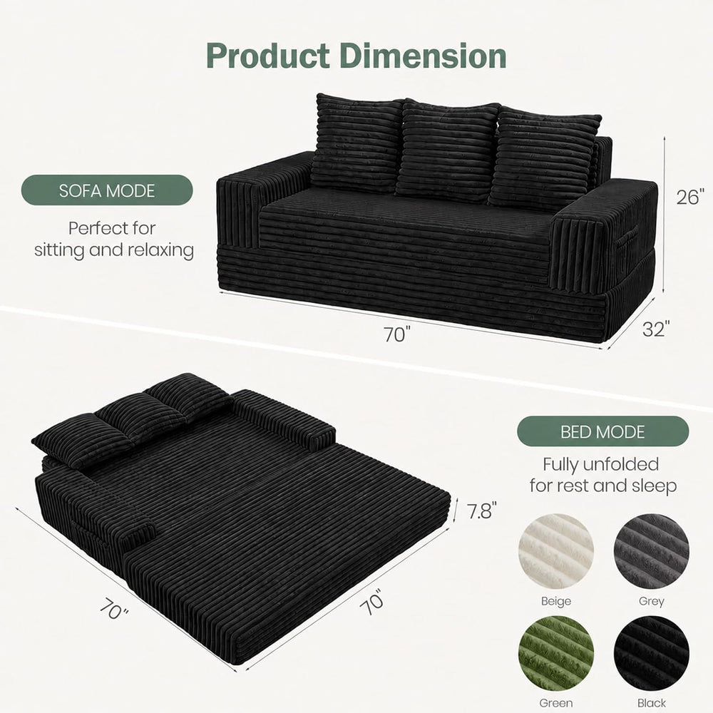 JUIKURY 70" Convertible Sofa Bed, Corduroy Boneless Couch with Pocket