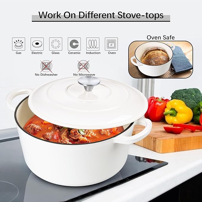 E-far Dutch Oven Pot with Lid, 5 Quart Enameled Cast Iron Round Dutch Oven