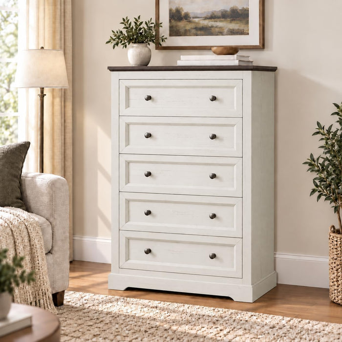 Farmhouse Dresser 5 Drawer, Bedroom Chest of Drawers, Dressers with 5 Drawers, Wooden Dressers for Bedroom, Living Room, Tv Stand, Entryway(Off White-Brown)