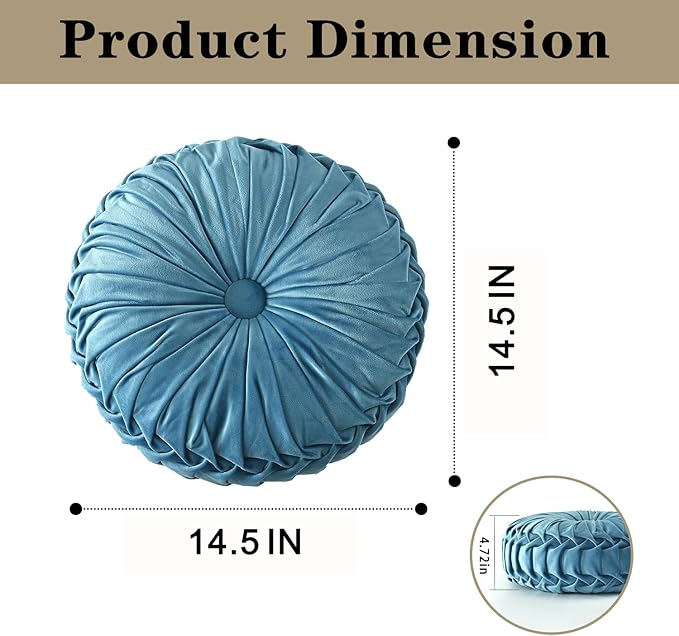 HIG Set of 2 Dusty Blue Ruched Velvet Round Throw Pillows – 14.5’’ Decorative - Image 6