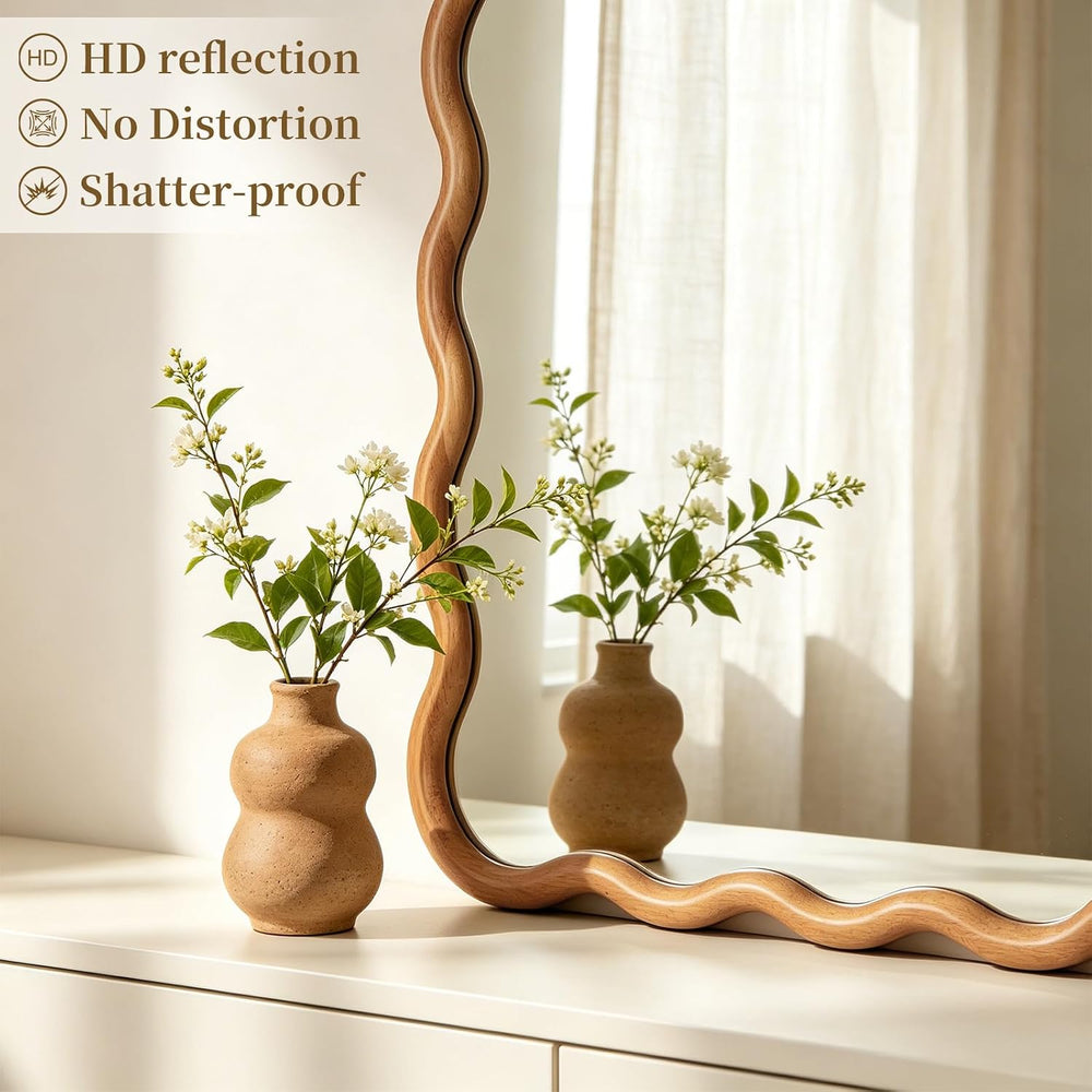 28"x40" Wavy Wood Mirror, Rectangular Wall Mirror with Natural Wood...