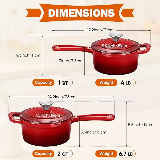 Homikit 1 QT & 2 QT Saucepan Set, Enameled Cast Iron Saucepan - Image 2