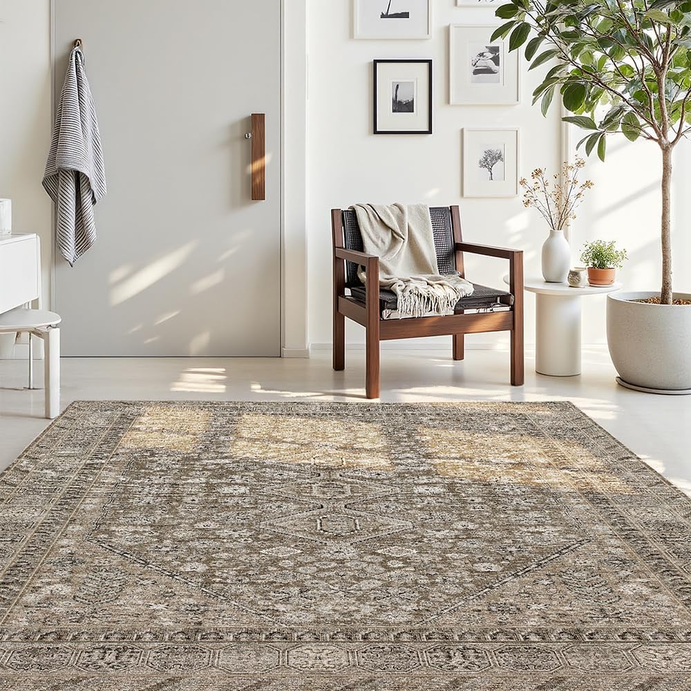 6x9 Beige Brown Washable Area Rug for Living Room, Vintage Print