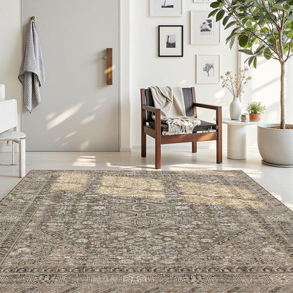 6x9 Beige Brown Washable Area Rug for Living Room, Vintage Print