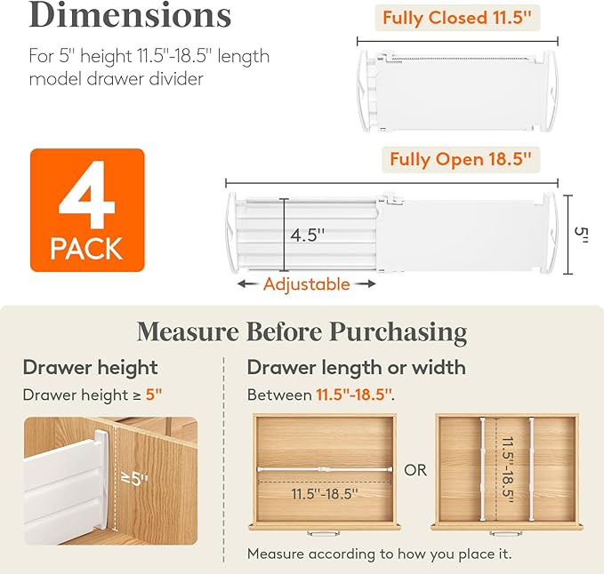 Lifewit 5" Tall 4 Pack Drawer Dividers, 30-47cm/11.5-18.5" Expandable Drawer - Image 2