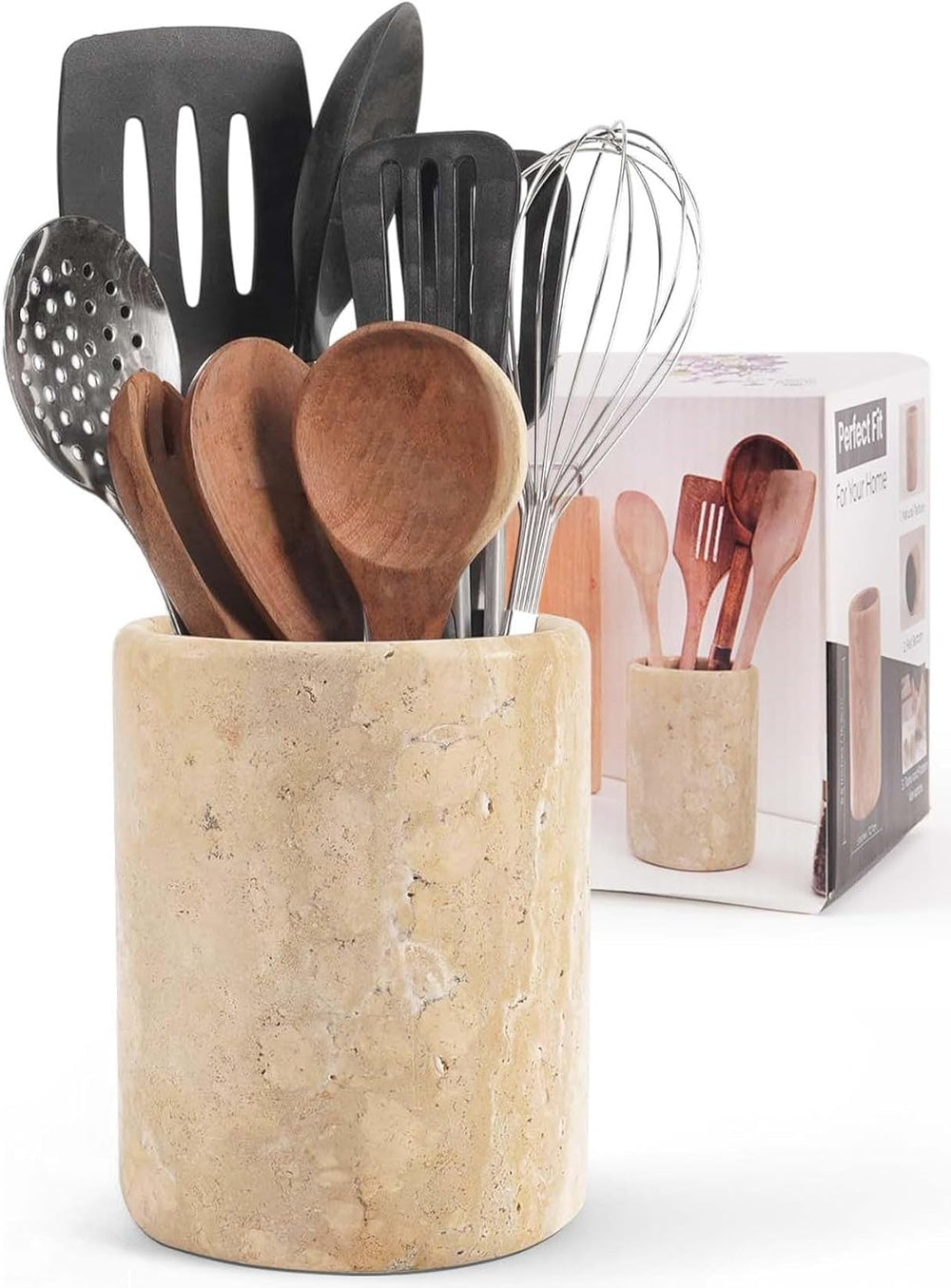 Marble Utensil Holder 6.5 Inch Travertine Utensil Caddy, Wooden Cooking