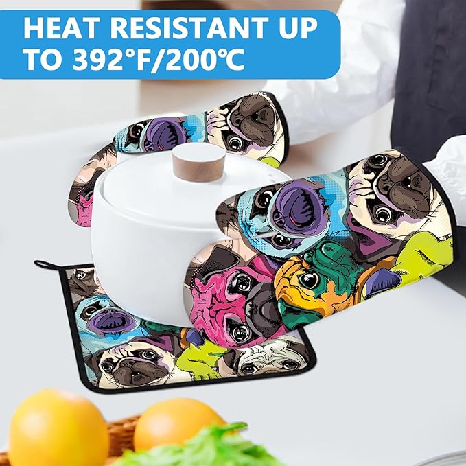 Colorful Pug Dog Face Oven Mitts and Pot Holders Sets Heat Resistant 4Pcs - Image 5