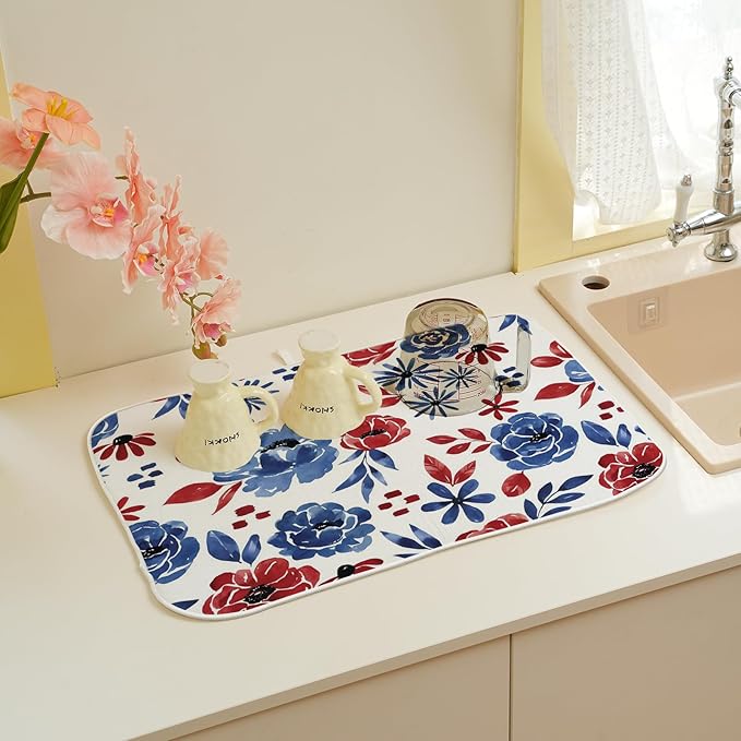 Red Blue Floral Dish Drying Mat 18x24 Inch Vintage 4th of July Drying Mat - Image 5