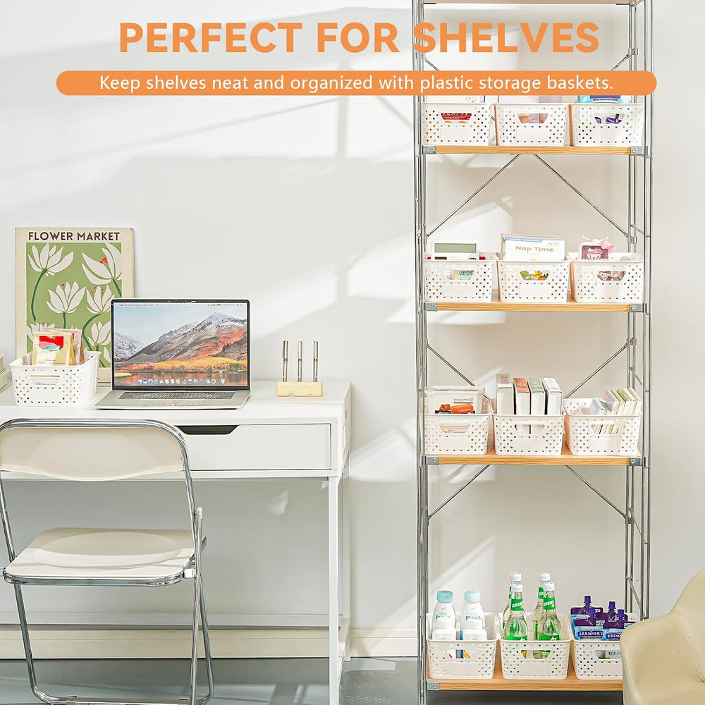 12 Pack Plastic Storage Baskets for Organizing, Storage Baskets for Shelves w...