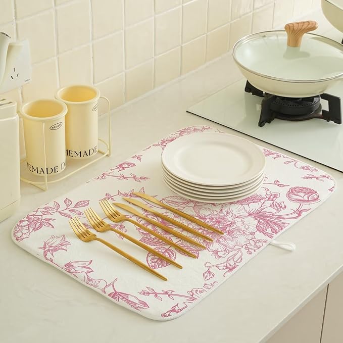 Pink Chinoiserie Floral Dish Drying Mat 18 x 24 inch Vintage Flower Decorative - Image 4