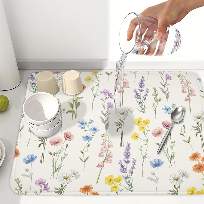 Spring Floral Dish Drying Mat for Kitchen Counter 18 x 24 Inch Colorful Flowers - Image 6