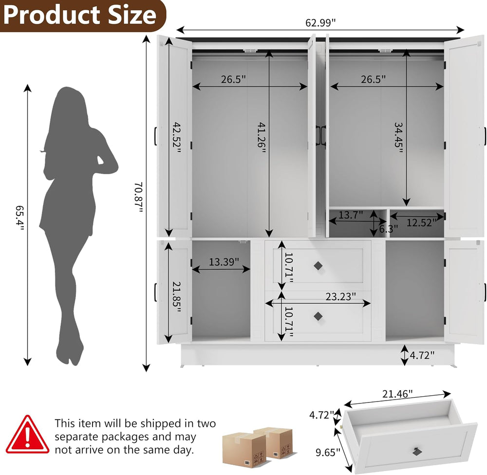 63"W White 6-Door Armoire Wardrobe Closet, 2 Drawers, LED Lights