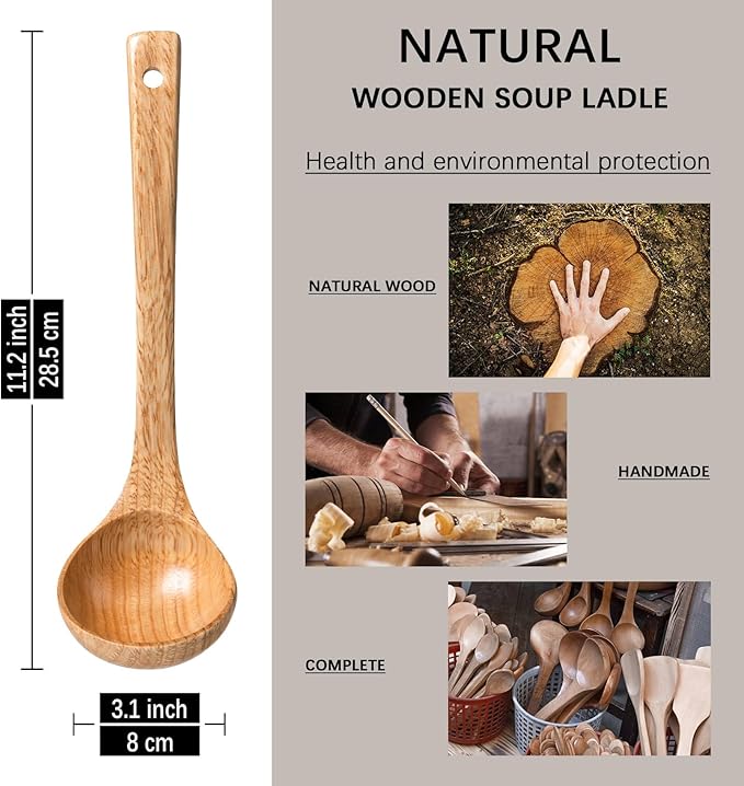 Wooden Soup Ladle, 11.2" Handle, 2 fl oz Medium Scoop Utensil - Image 2