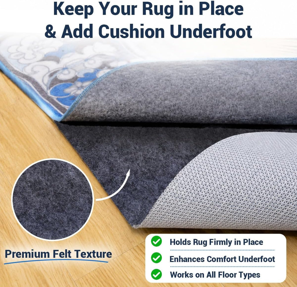Non Slip Rug Pad 8x10 Ft, 1/8 Inch Thin Felt & Rubber Backing, Non Skid Rug Gripper for Hardwood Floors, Anti-Slip Carpet Pad for Area Rugs, Floor Protection, Moisture Resistant & Easy Trim