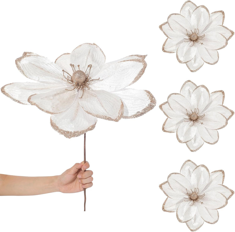 Thiccywoov 8 Pack Large 16'' Christmas Velvet Magnolia Flowers, White