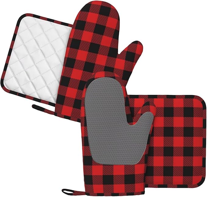 Buffalo Plaid Black and Red Oven Mitts and Pot Holders Set - Image 2