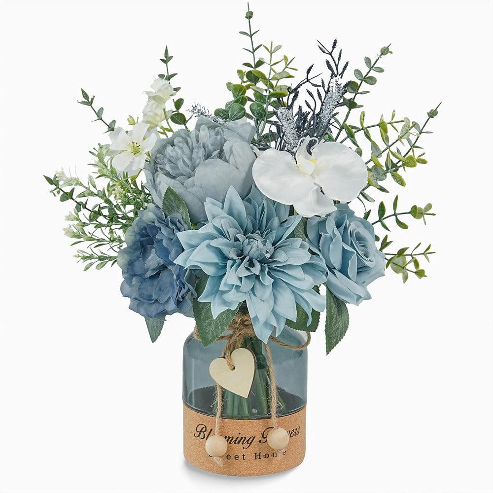 WELL KNOWN Artificial Flowers Bouquet with Designed Glass Vase, Dusty Blue