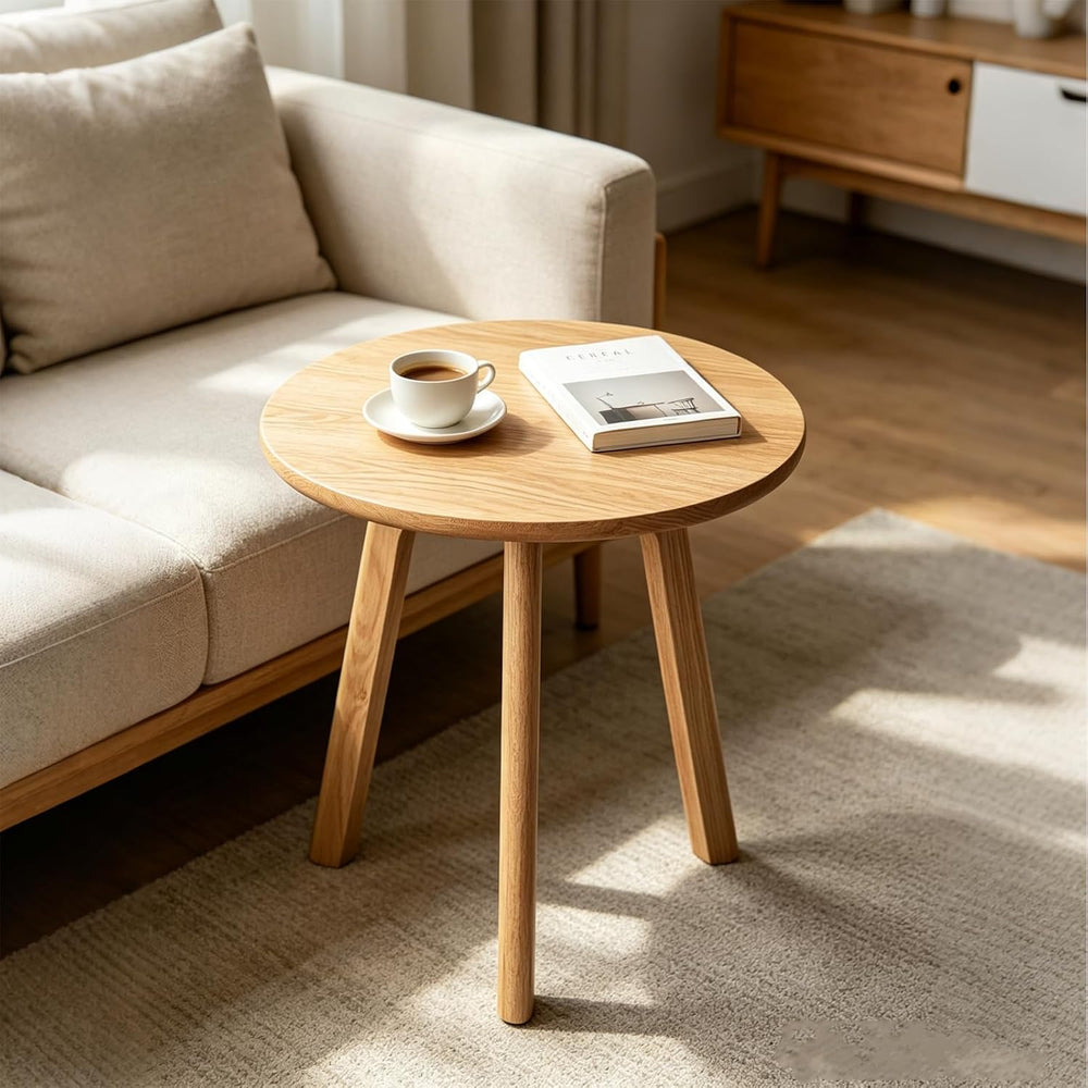 Natural Oak Round Side Table, End Table with 3 Legs
