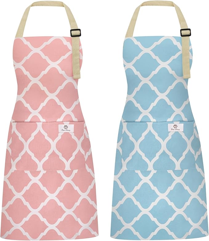 2 Pieces Aprons for Women with Pockets, Cotton Linen Waterproof Kitchen Cooking by Riqiaqia