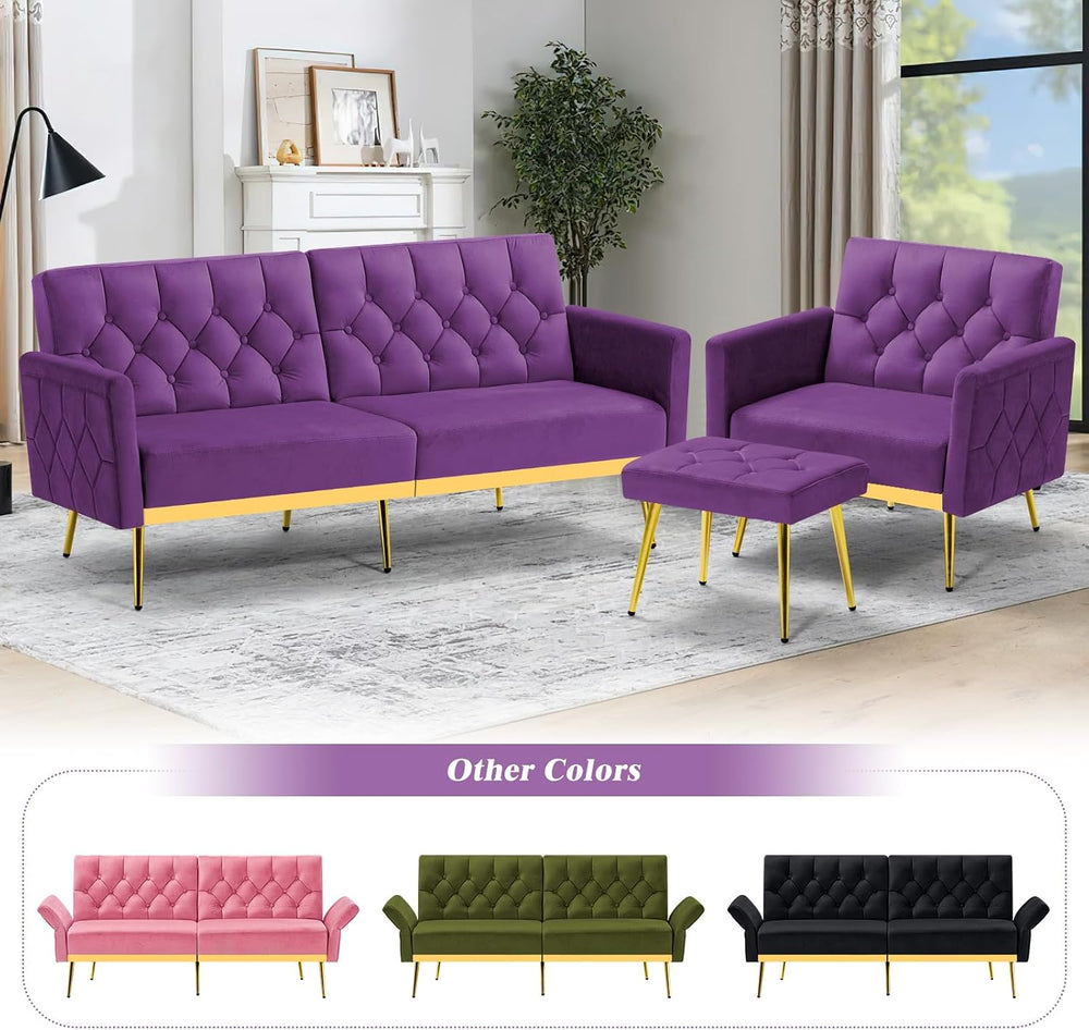 Velvet Sofa Bed w/Adjustable Armrests & Backrests, Purpel