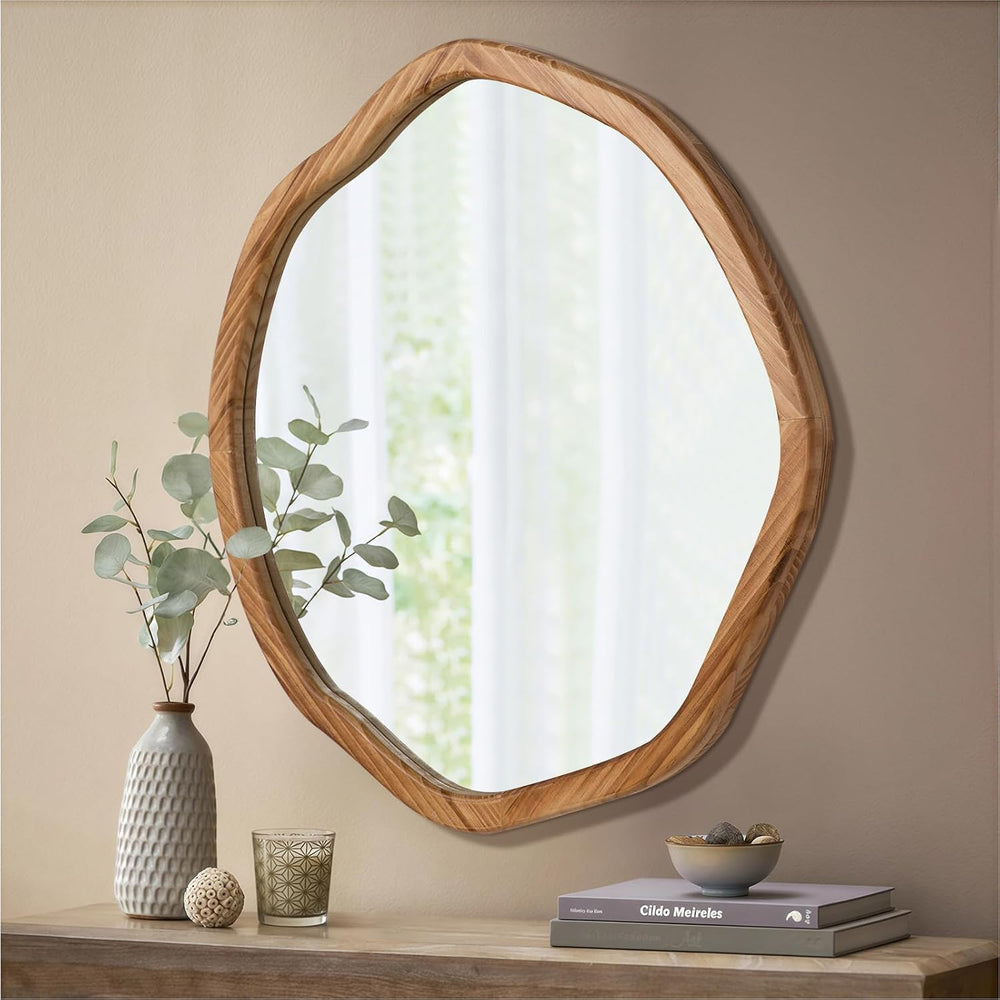 ULIKE Irregular Round Wood Mirror 30 Inch, Rustic Brown Wall Mirror