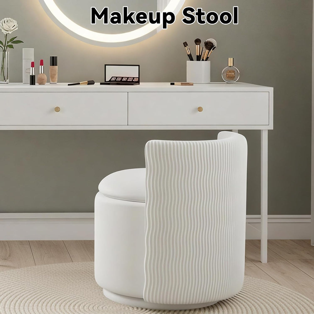 360° Swivel Velvet Vanity Chair with Storage, Barrel Makeup Chair with Wave B...