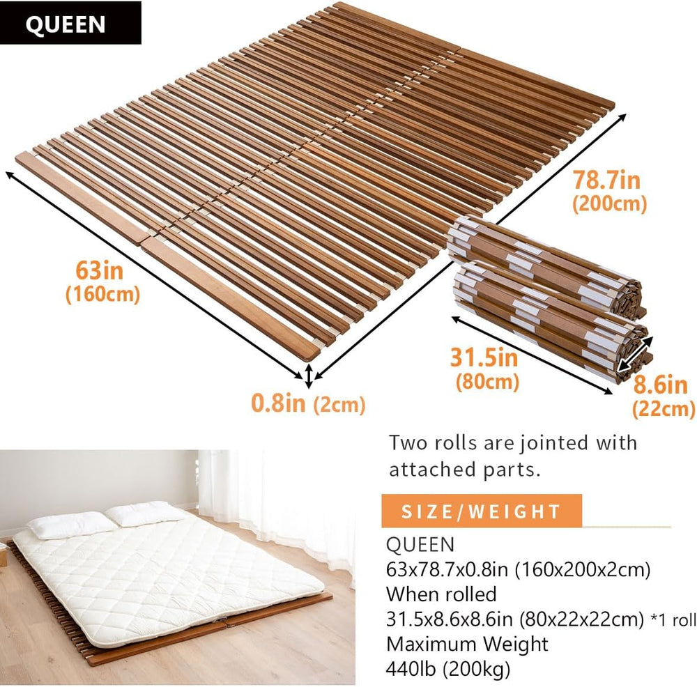 EMOOR Wood Roll-Type Slatted Bed OSMOS Queen for Japanese Futon Mattress (Bro...