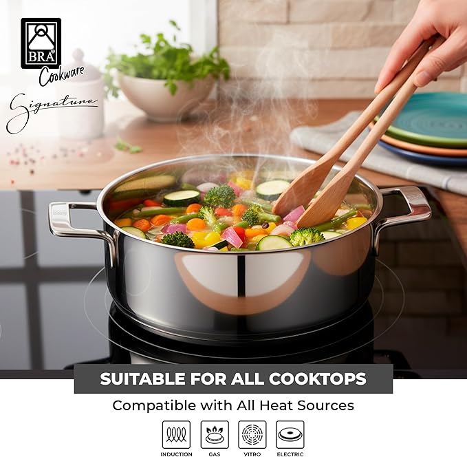 BRA COOKWARE Signature Stainless Steel Stock Pot w/Glass Lid | 9.5 Inch 4 Quart