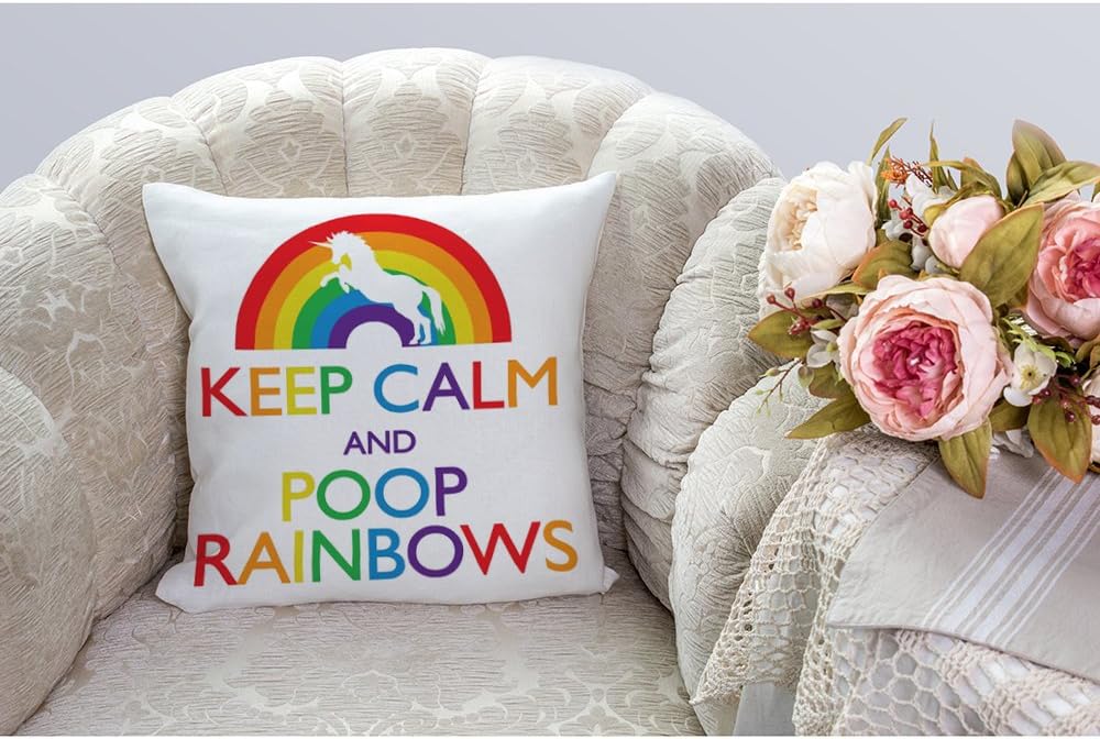 HGOD DESIGNS Throw Pillow Case Keep Calm and Poop Rainbows Unicorn Cotton Linen Square Cushion Cover Standard Pillowcase for Men Women Home Decorative Sofa Bedroom Livingroom 18 x 18 inch